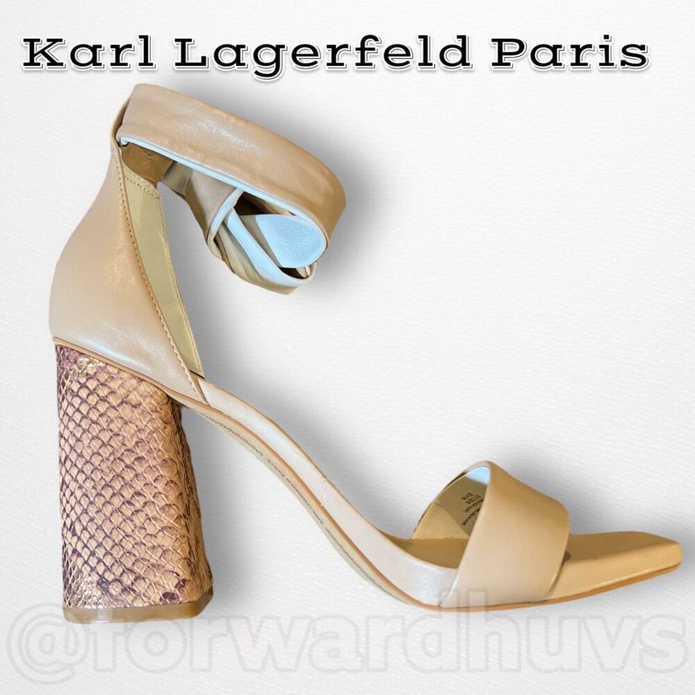 Karl Lagerfeld Paris Mabli Nude Leather Snake Print Block Heel Sandals Size 9